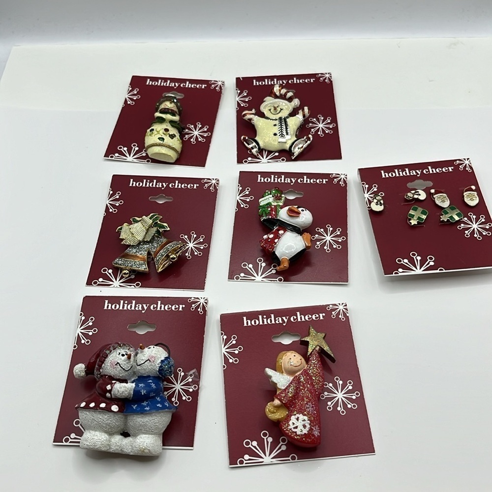 Christmas Brooches 5 and Set  and 1 Set Earrings Snowman Bell Penguin Angel Pins